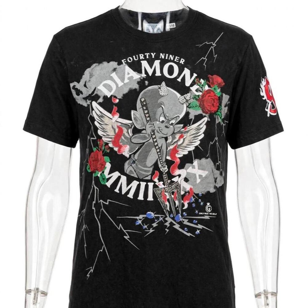 Fourty Niner Diamond T-Shirt L Angel Devil Roses Lightning MMIIX Graphic Y2K